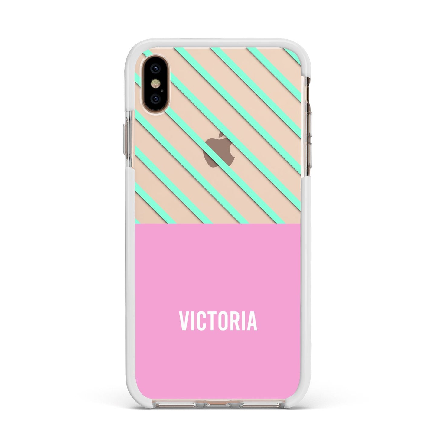 Personalised Pink Aqua Striped Apple iPhone Xs Max Impact Case White Edge on Gold Phone