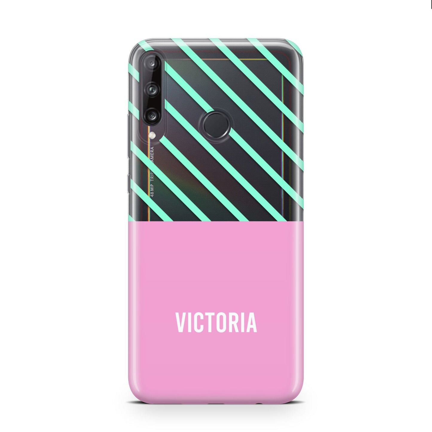 Personalised Pink Aqua Striped Huawei P40 Lite E Phone Case