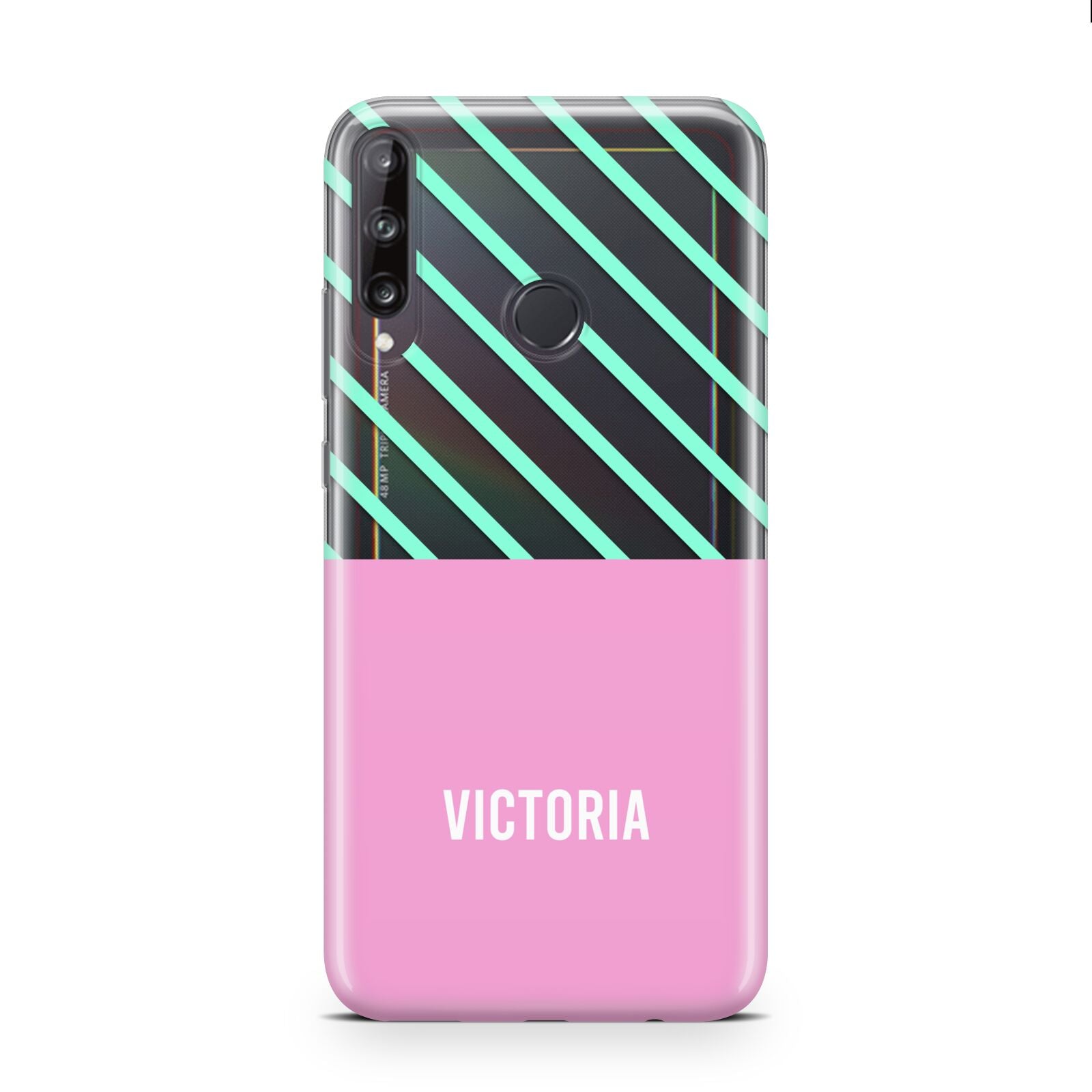 Personalised Pink Aqua Striped Huawei P40 Lite E Phone Case