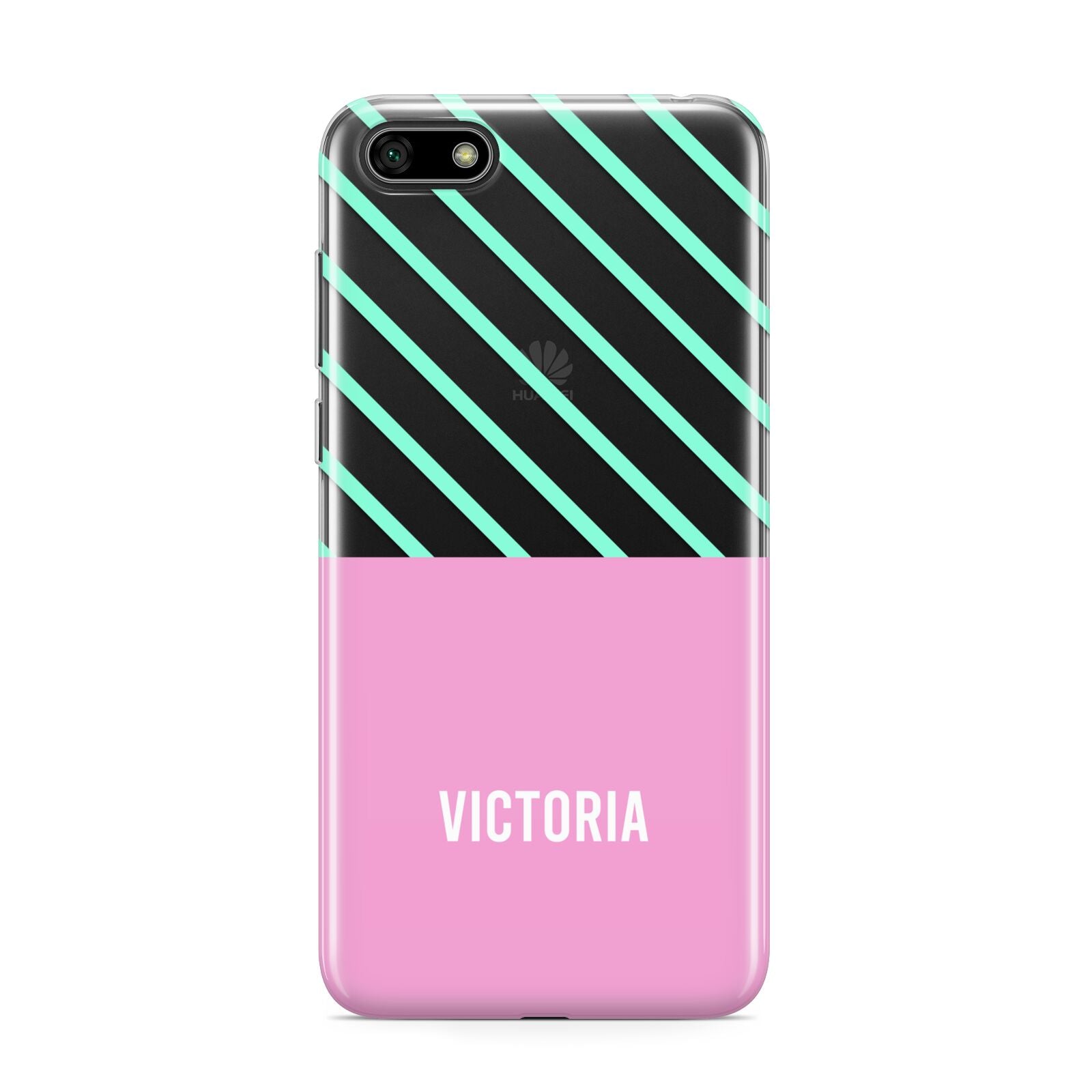 Personalised Pink Aqua Striped Huawei Y5 Prime 2018 Phone Case