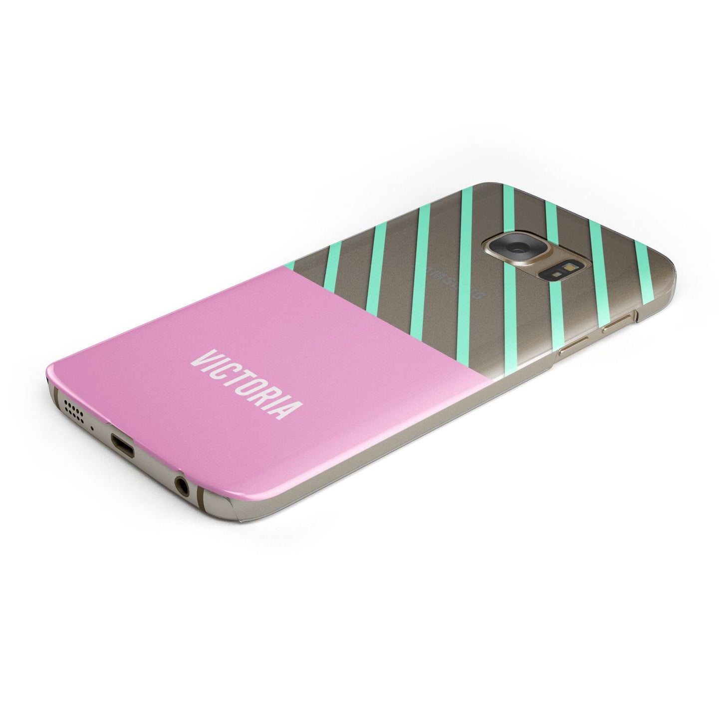 Personalised Pink Aqua Striped Protective Samsung Galaxy Case Angled Image