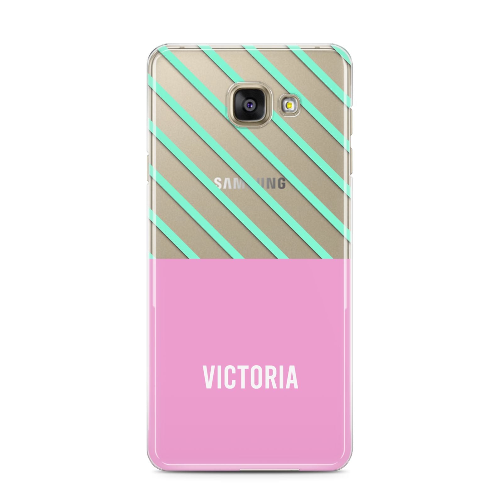 Personalised Pink Aqua Striped Samsung Galaxy A3 2016 Case on gold phone