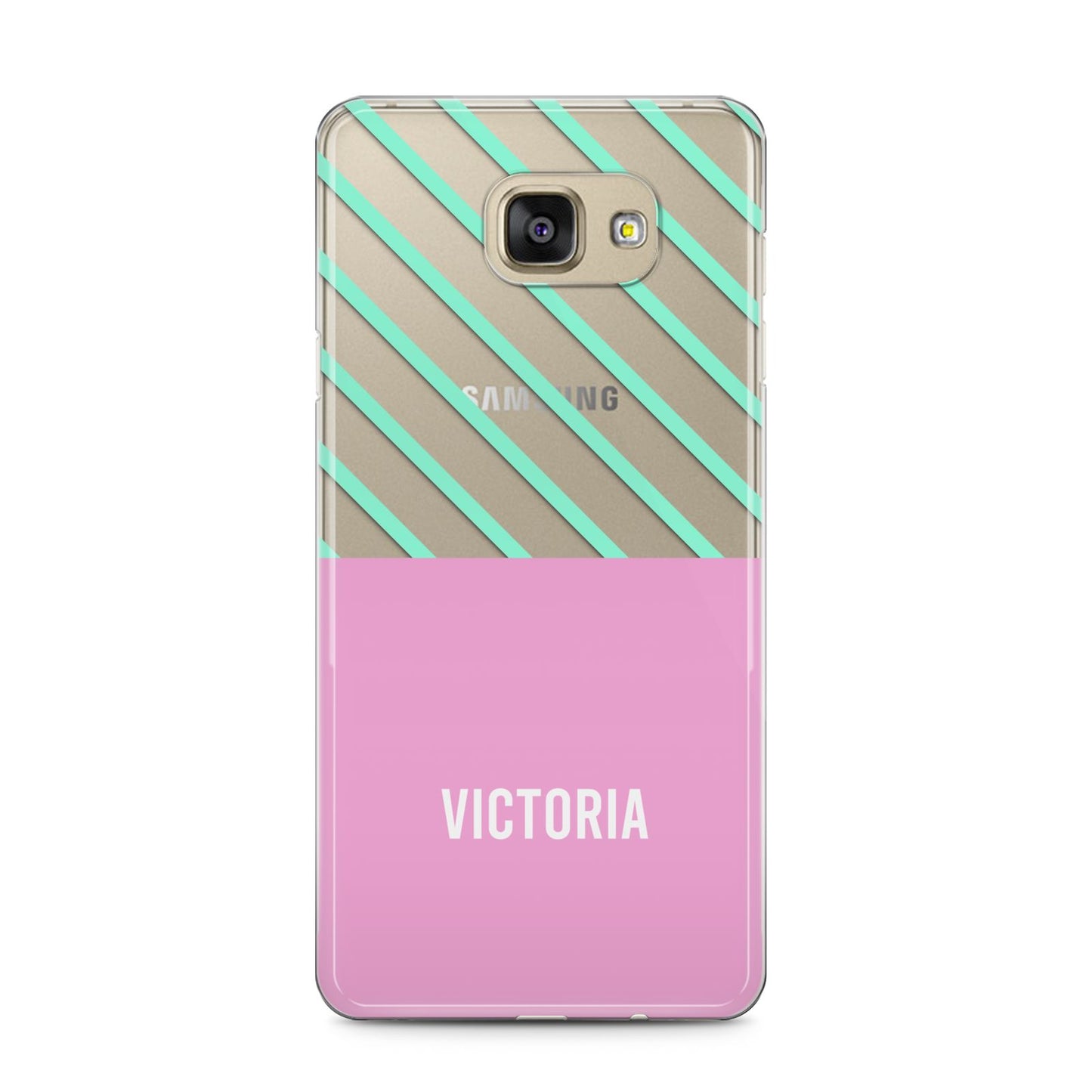 Personalised Pink Aqua Striped Samsung Galaxy A5 2016 Case on gold phone