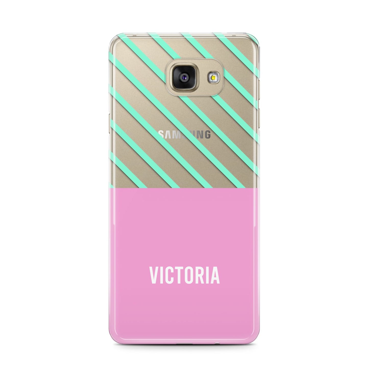 Personalised Pink Aqua Striped Samsung Galaxy A7 2016 Case on gold phone