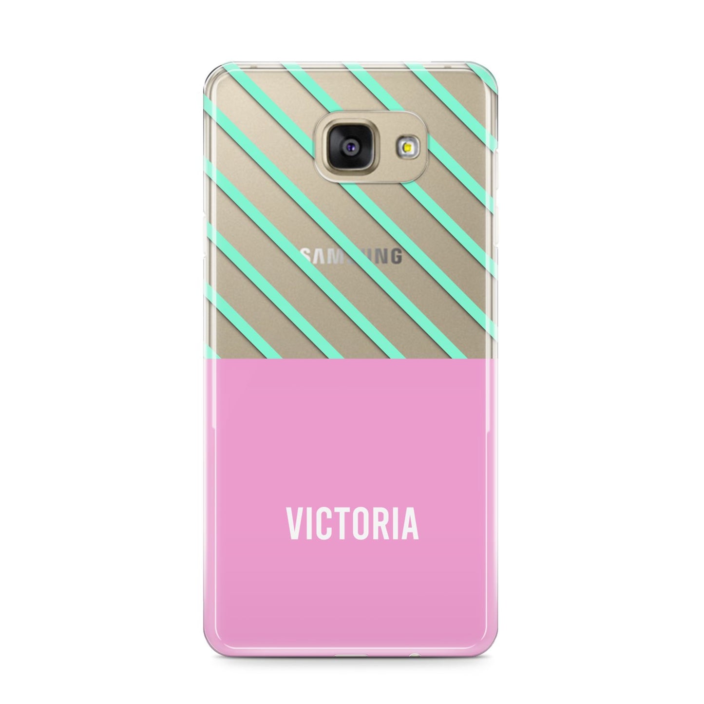 Personalised Pink Aqua Striped Samsung Galaxy A9 2016 Case on gold phone