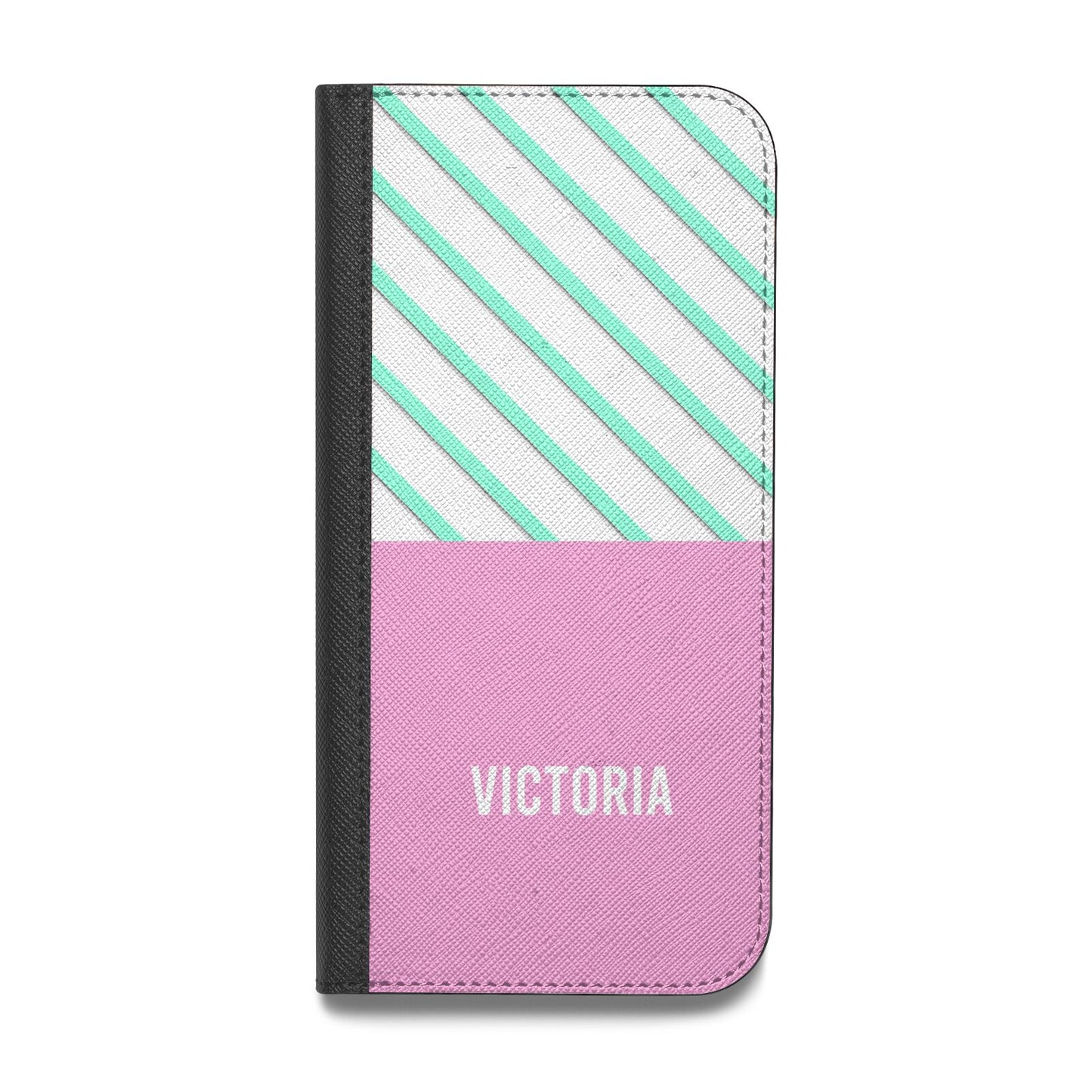 Personalised Pink Aqua Striped Vegan Leather Flip iPhone Case