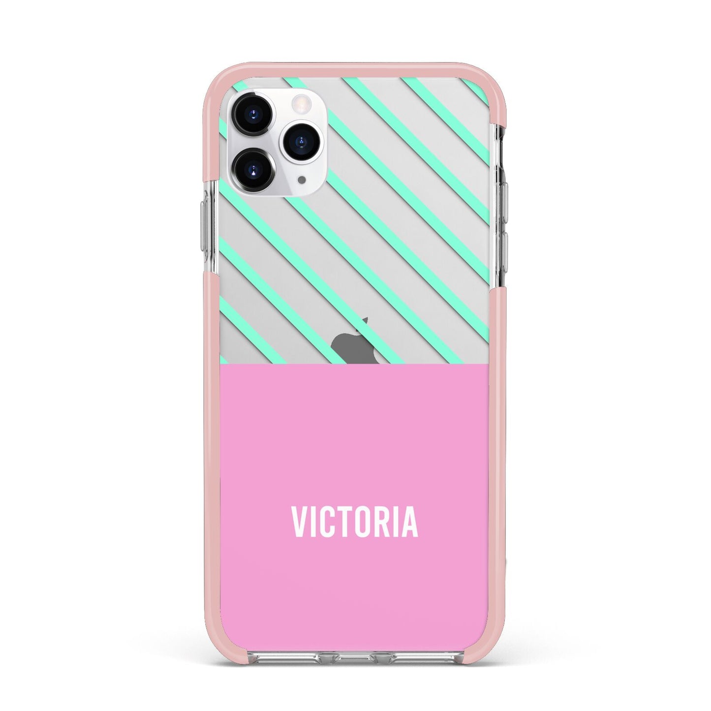 Personalised Pink Aqua Striped iPhone 11 Pro Max Impact Pink Edge Case