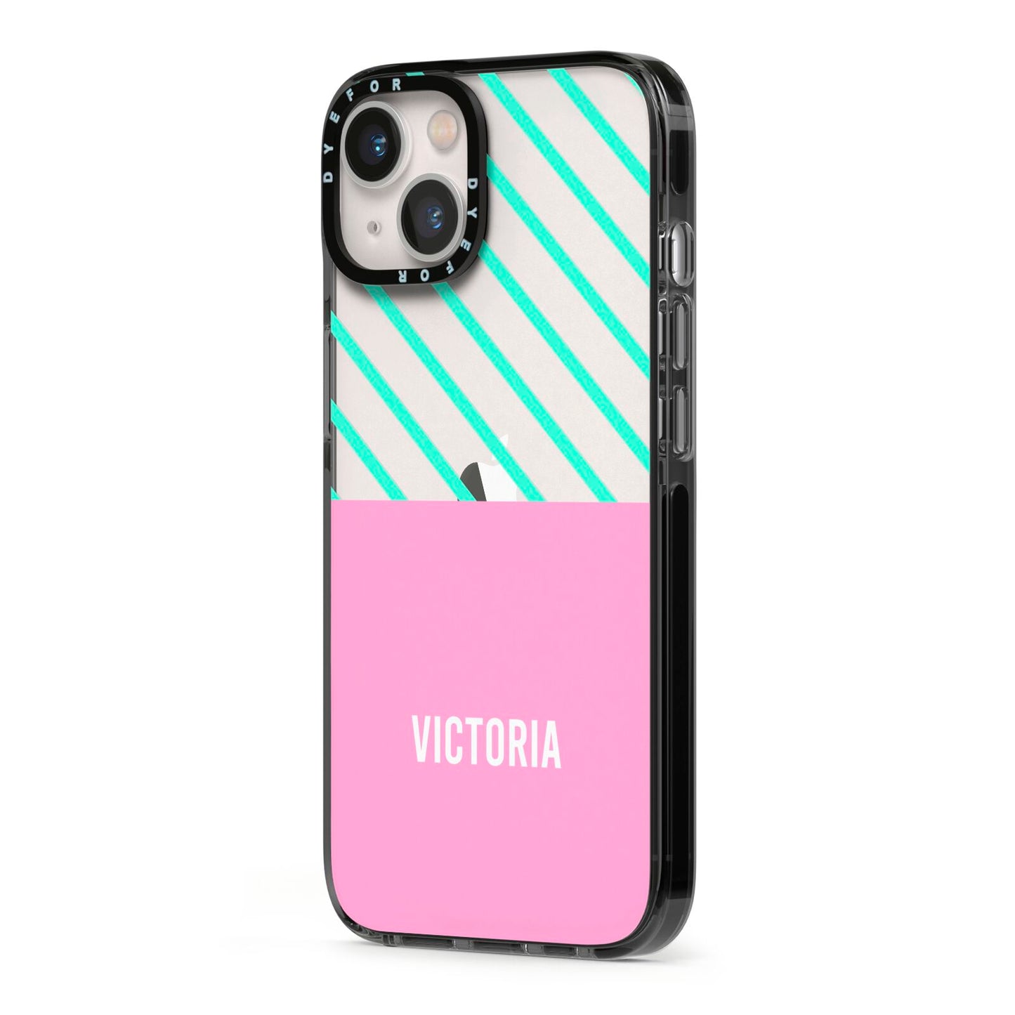Personalised Pink Aqua Striped iPhone 13 Black Impact Case Side Angle on Silver phone