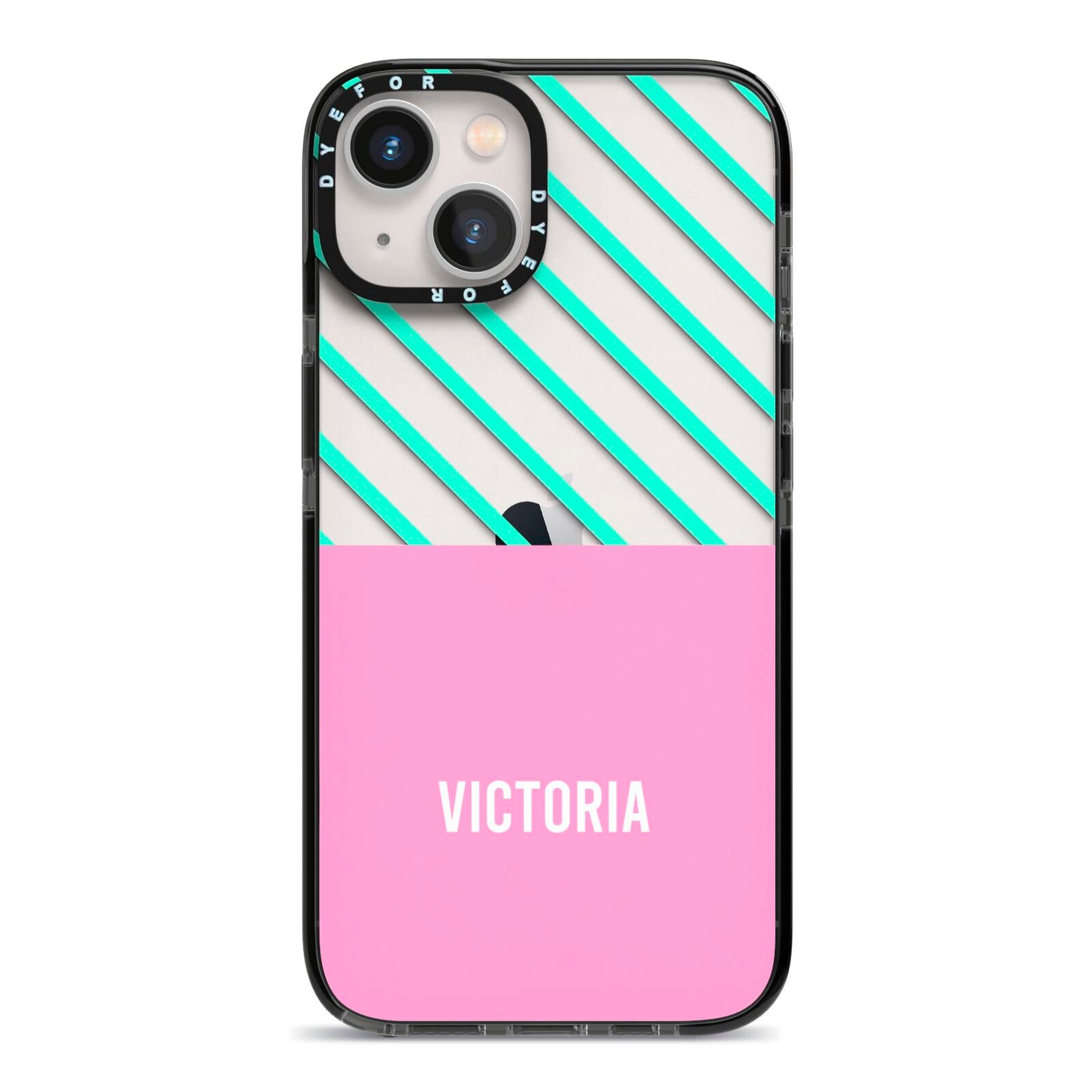 Personalised Pink Aqua Striped iPhone 13 Black Impact Case on Silver phone