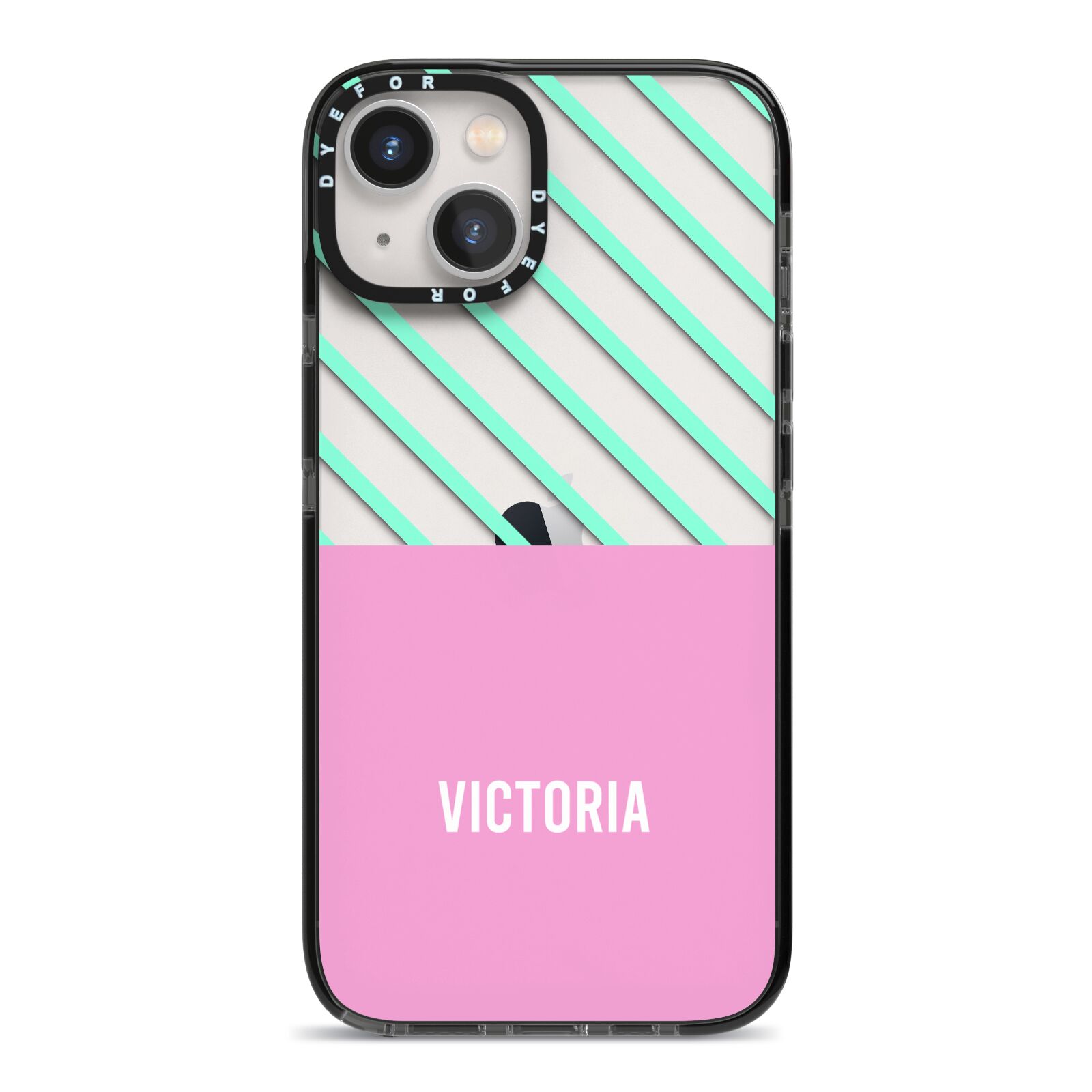 Personalised Pink Aqua Striped iPhone 13 Black Impact Case on Silver phone