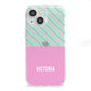 Personalised Pink Aqua Striped iPhone 13 Mini Clear Bumper Case