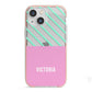 Personalised Pink Aqua Striped iPhone 13 Mini TPU Impact Case with Pink Edges