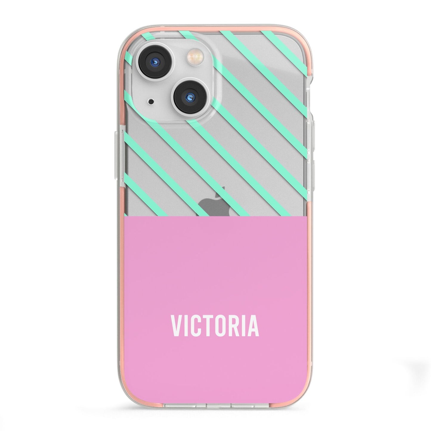 Personalised Pink Aqua Striped iPhone 13 Mini TPU Impact Case with Pink Edges