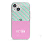 Personalised Pink Aqua Striped iPhone 13 Mini TPU Impact Case with White Edges