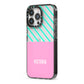 Personalised Pink Aqua Striped iPhone 13 Pro Black Impact Case Side Angle on Silver phone