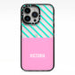 Personalised Pink Aqua Striped iPhone 13 Pro Black Impact Case on Silver phone