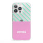 Personalised Pink Aqua Striped iPhone 13 Pro Clear Bumper Case