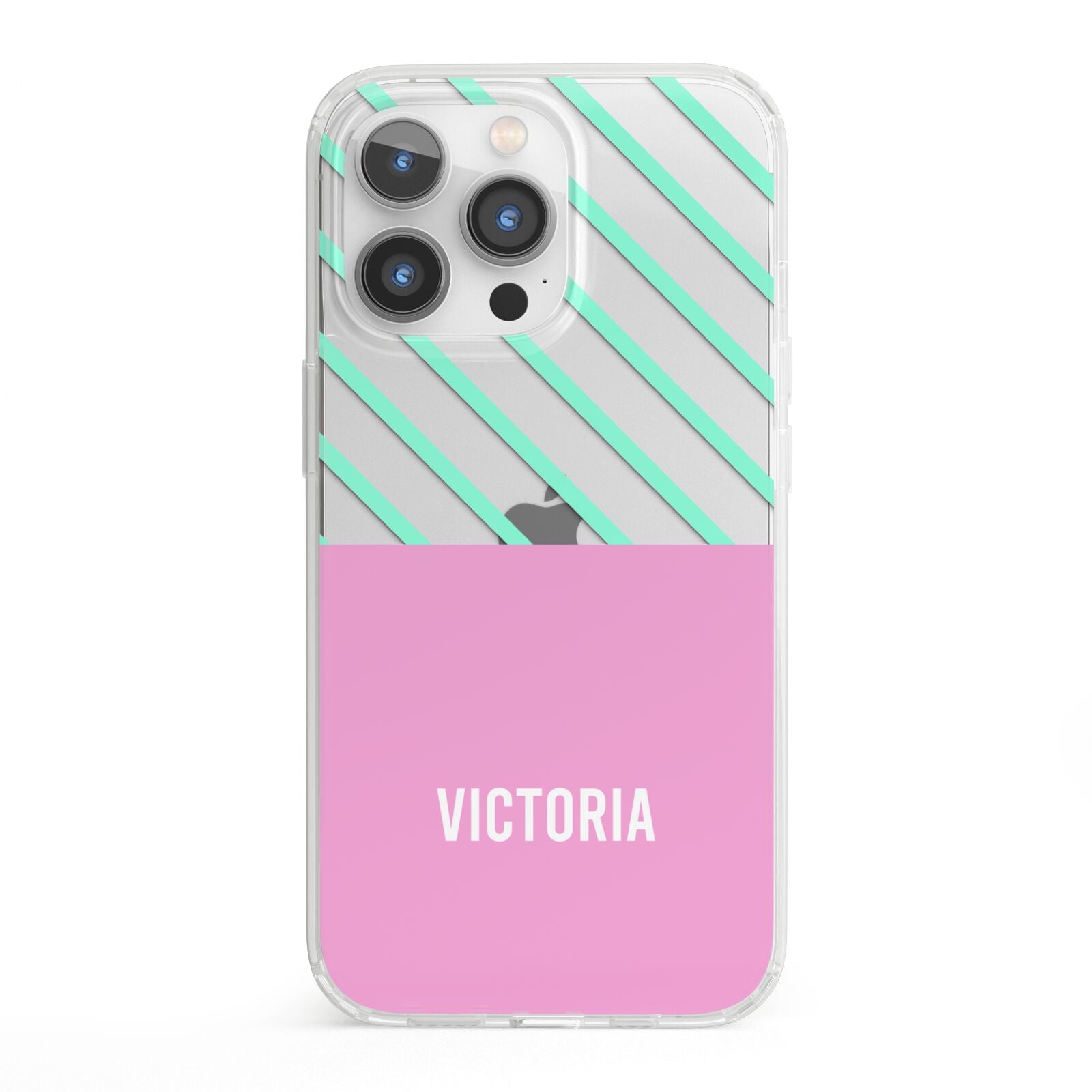 Personalised Pink Aqua Striped iPhone 13 Pro Clear Bumper Case