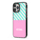 Personalised Pink Aqua Striped iPhone 13 Pro Max Black Impact Case Side Angle on Silver phone