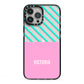 Personalised Pink Aqua Striped iPhone 13 Pro Max Black Impact Case on Silver phone