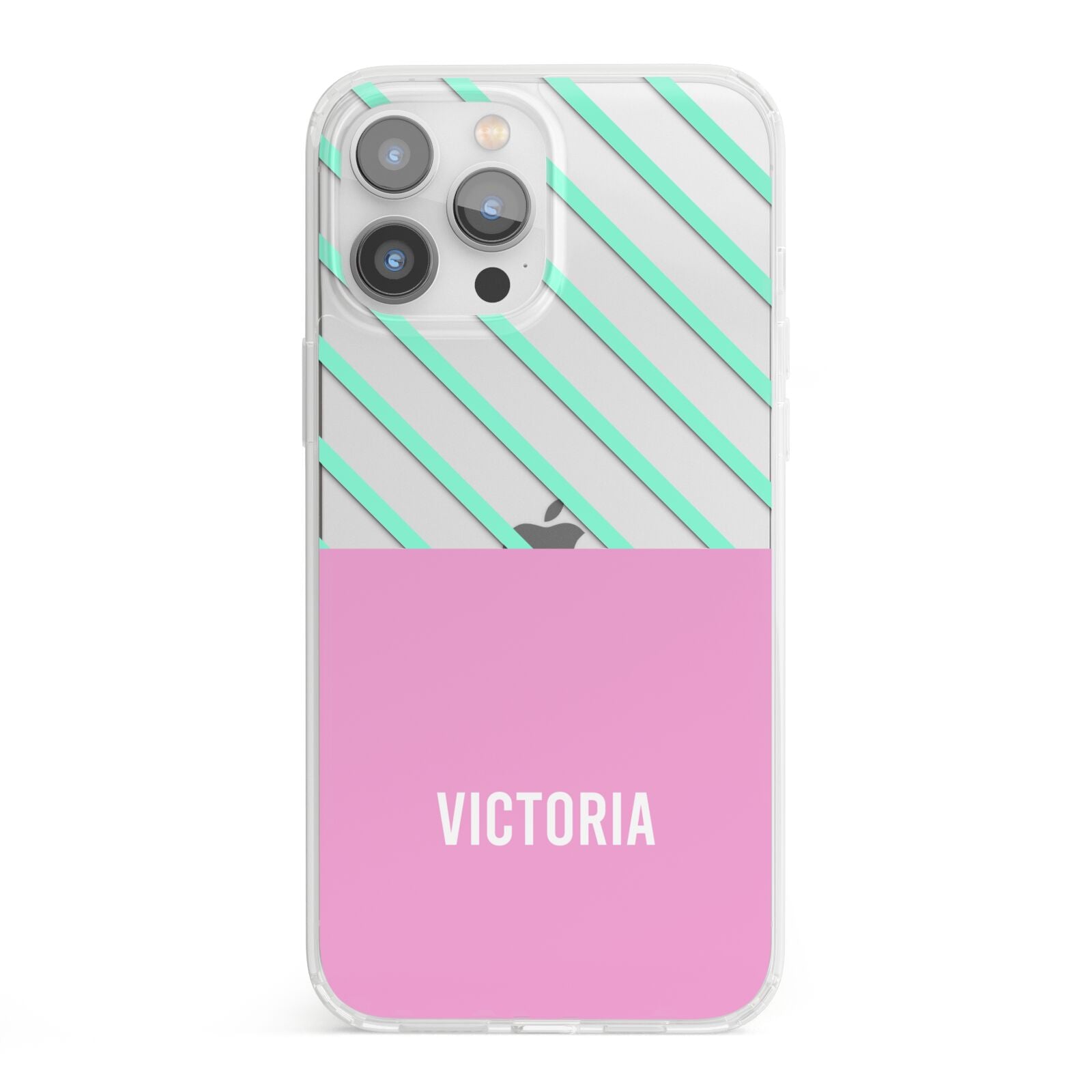 Personalised Pink Aqua Striped iPhone 13 Pro Max Clear Bumper Case