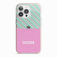 Personalised Pink Aqua Striped iPhone 13 Pro TPU Impact Case with Pink Edges