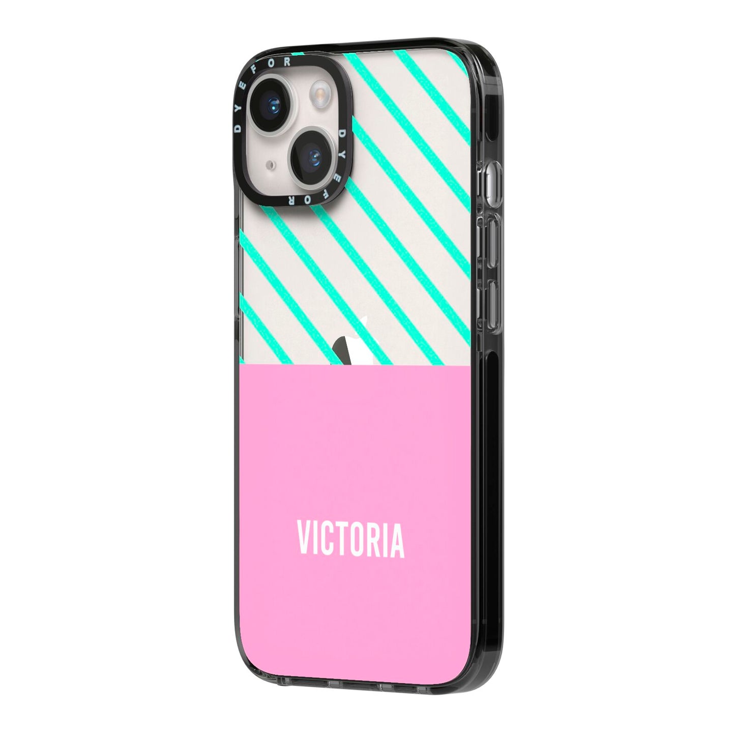 Personalised Pink Aqua Striped iPhone 14 Black Impact Case Side Angle on Silver phone