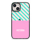 Personalised Pink Aqua Striped iPhone 14 Black Impact Case on Silver phone