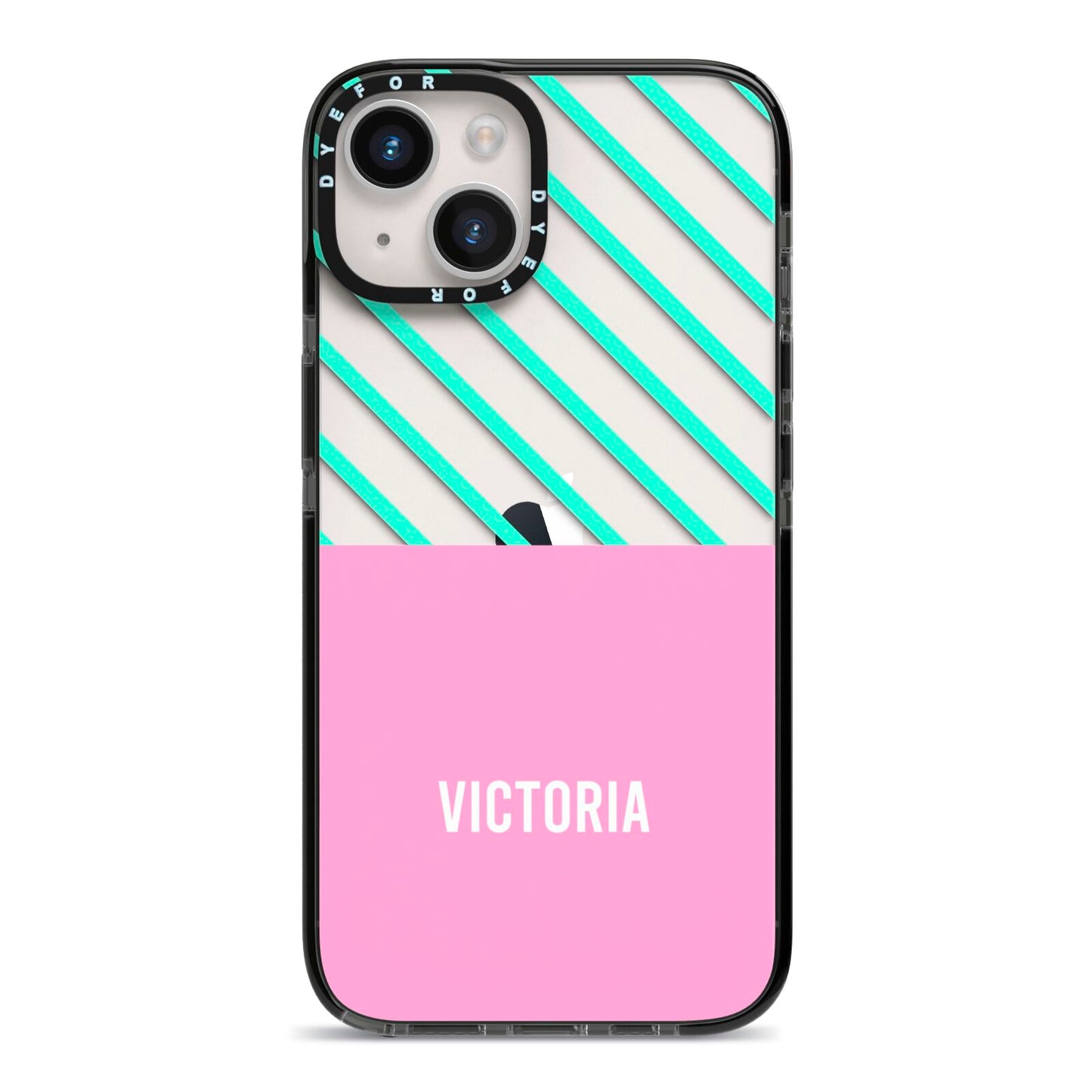 Personalised Pink Aqua Striped iPhone 14 Black Impact Case on Silver phone