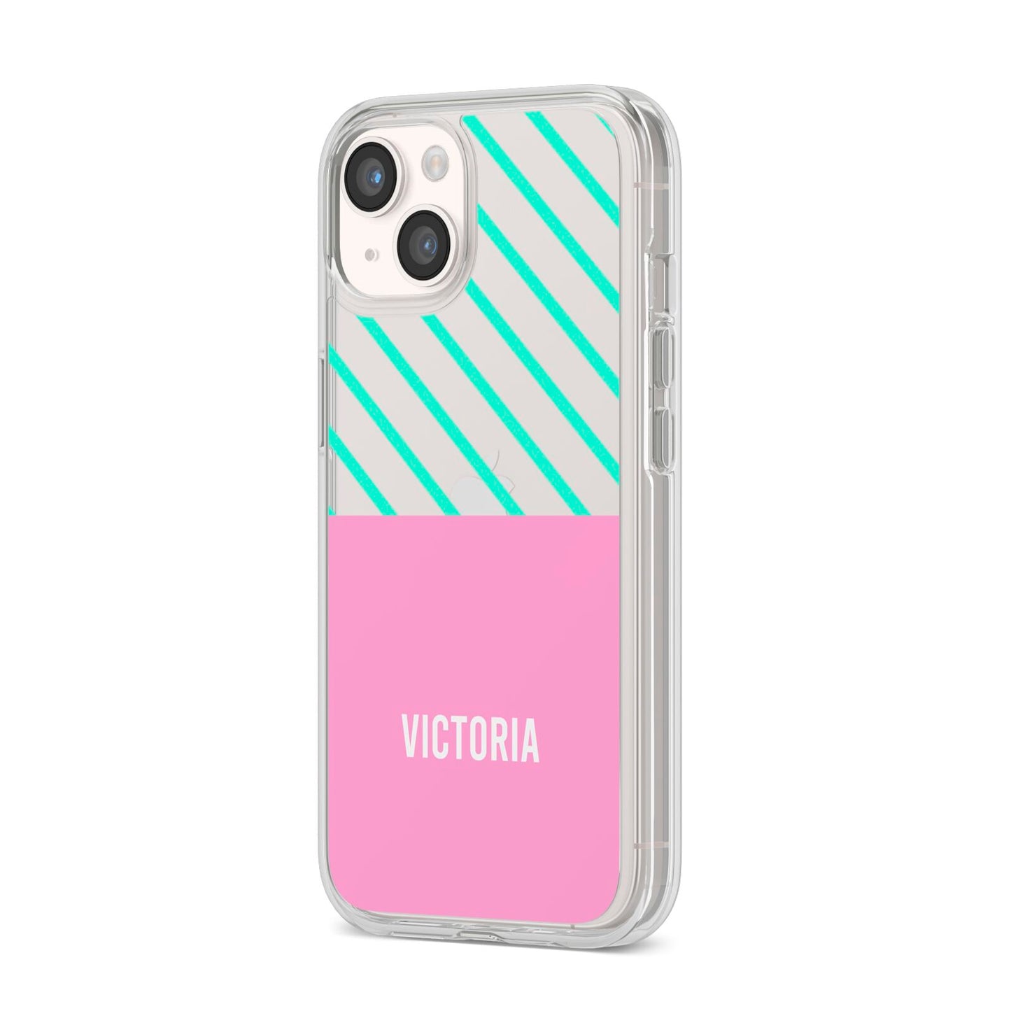 Personalised Pink Aqua Striped iPhone 14 Clear Tough Case Starlight Angled Image