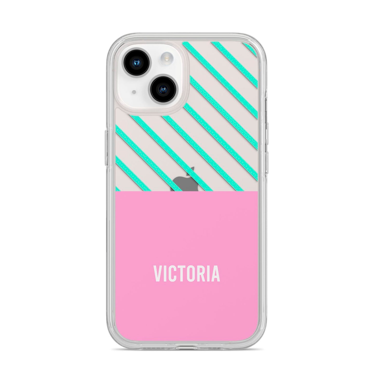 Personalised Pink Aqua Striped iPhone 14 Clear Tough Case Starlight