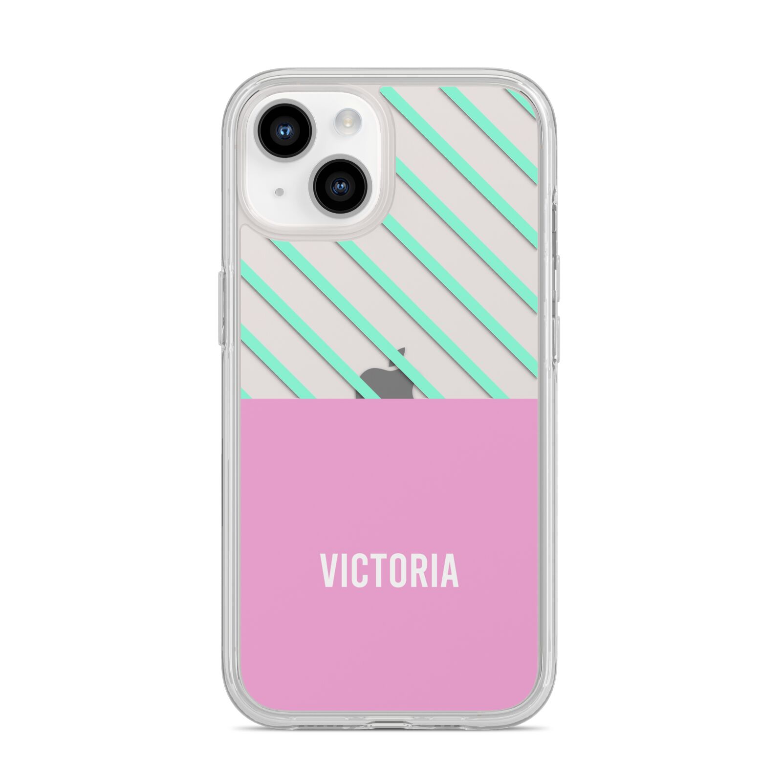Personalised Pink Aqua Striped iPhone 14 Clear Tough Case Starlight