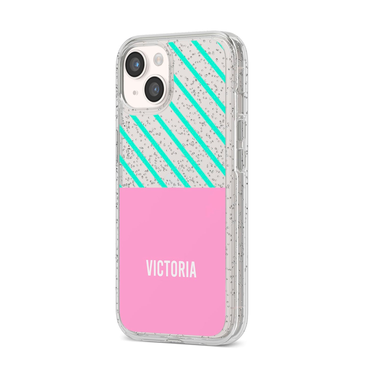 Personalised Pink Aqua Striped iPhone 14 Glitter Tough Case Starlight Angled Image
