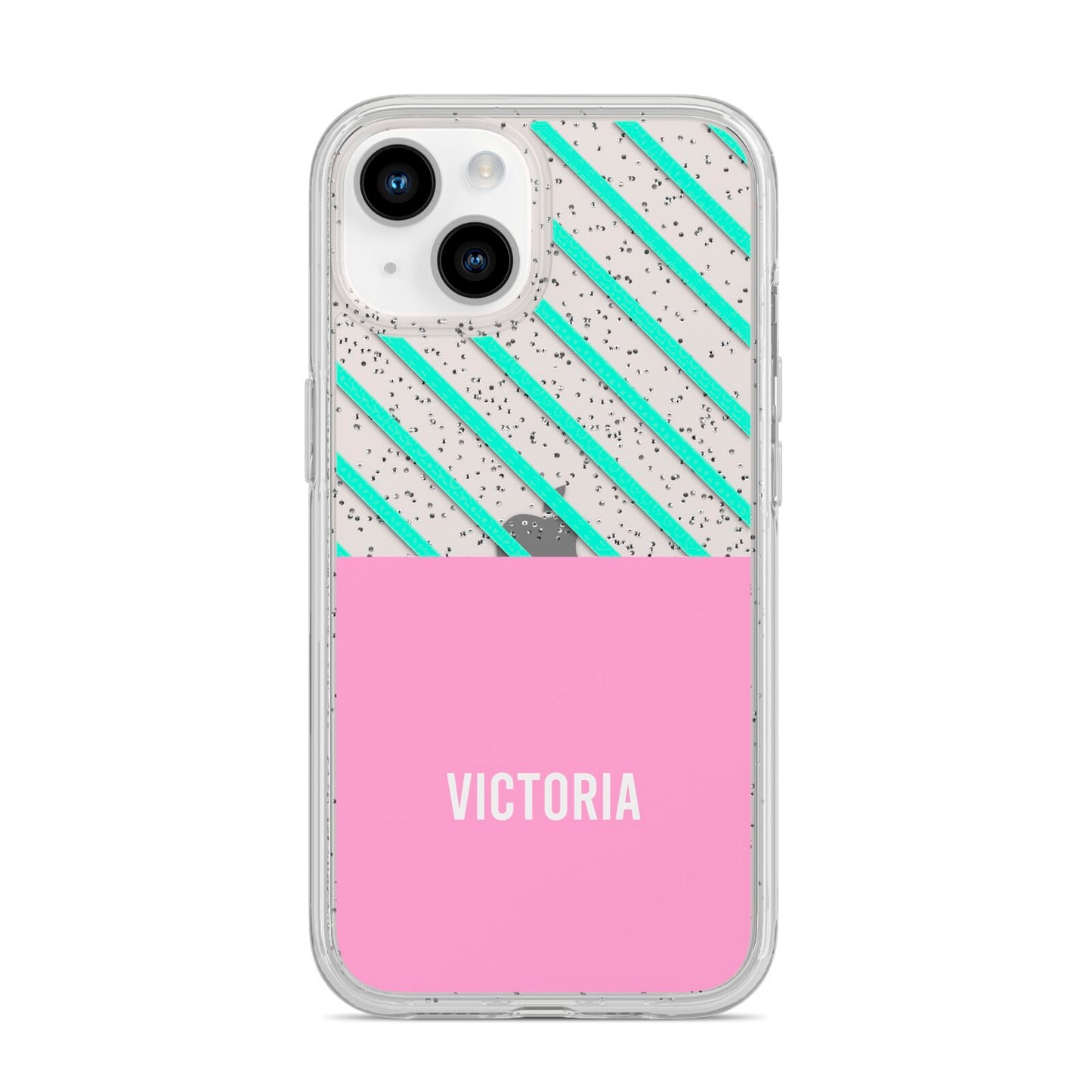Personalised Pink Aqua Striped iPhone 14 Glitter Tough Case Starlight