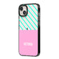 Personalised Pink Aqua Striped iPhone 14 Plus Black Impact Case Side Angle on Silver phone