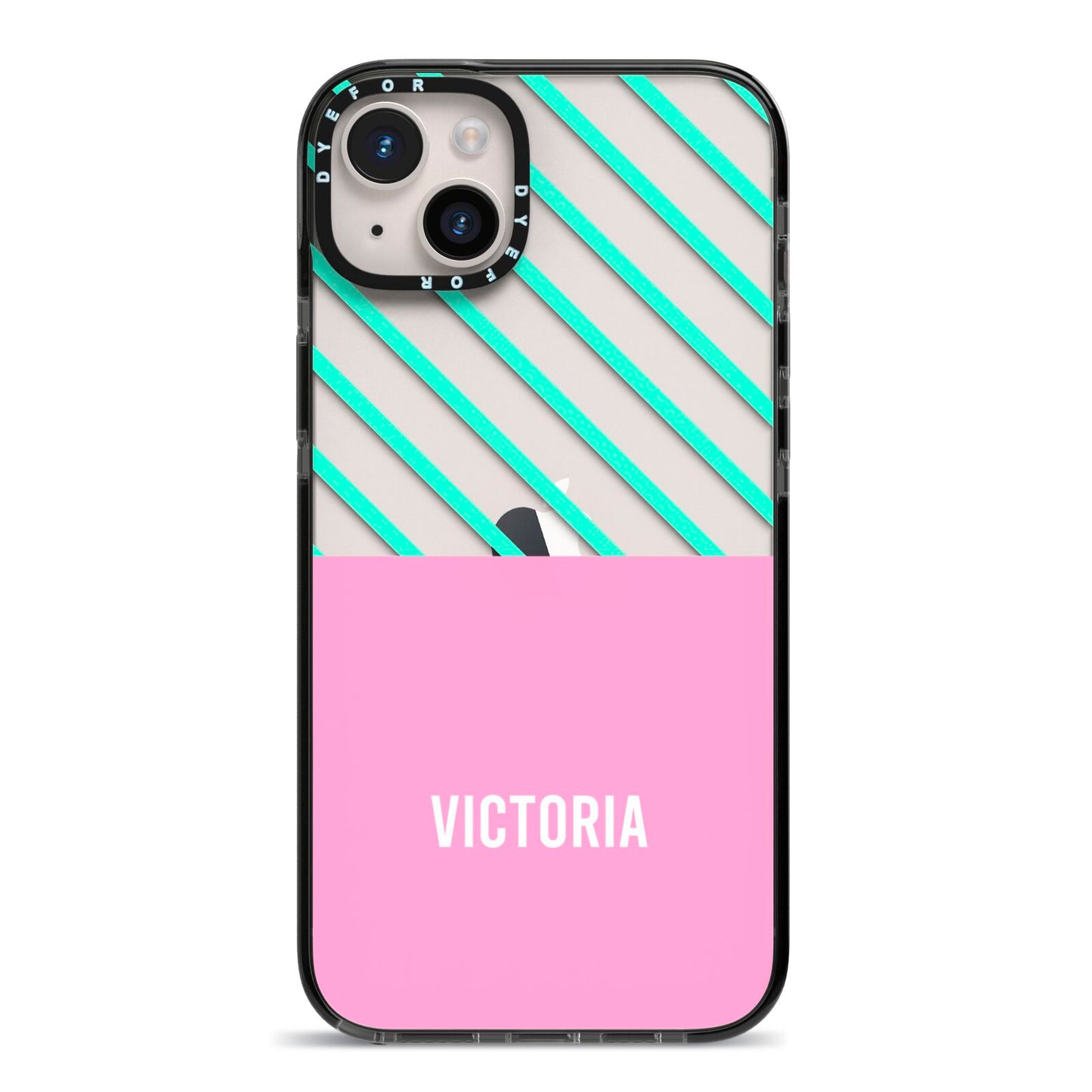 Personalised Pink Aqua Striped iPhone 14 Plus Black Impact Case on Silver phone