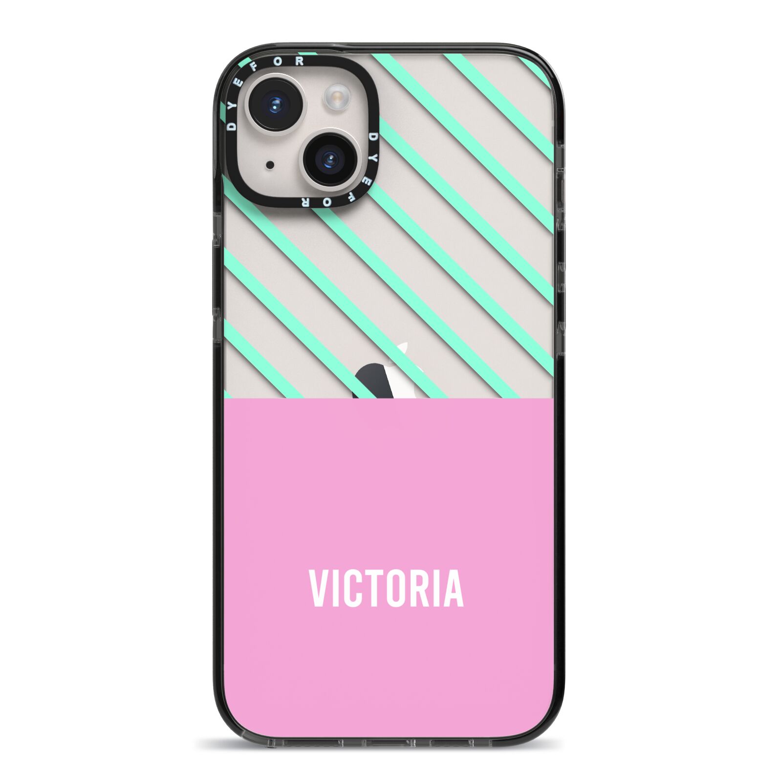Personalised Pink Aqua Striped iPhone 14 Plus Black Impact Case on Silver phone