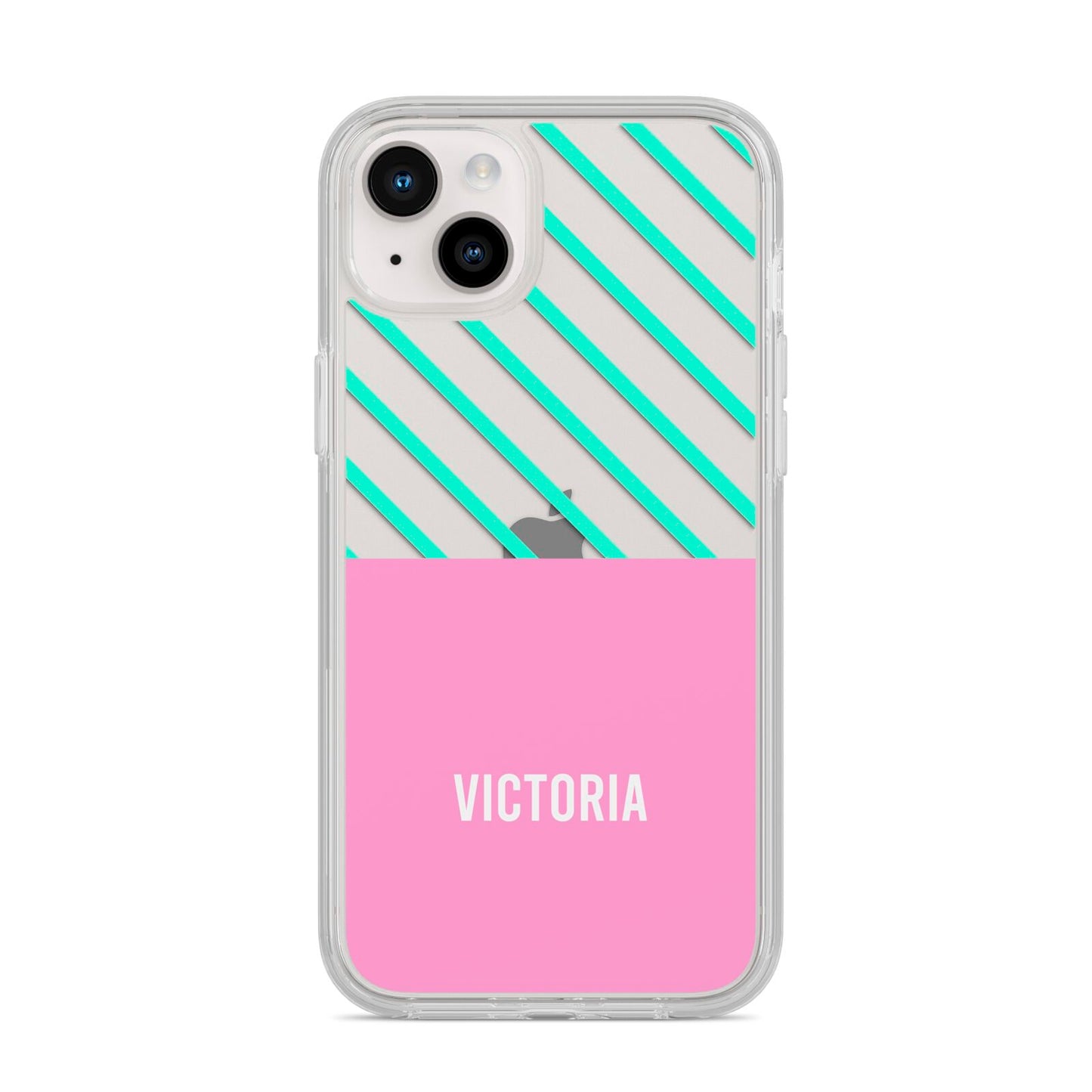 Personalised Pink Aqua Striped iPhone 14 Plus Clear Tough Case Starlight