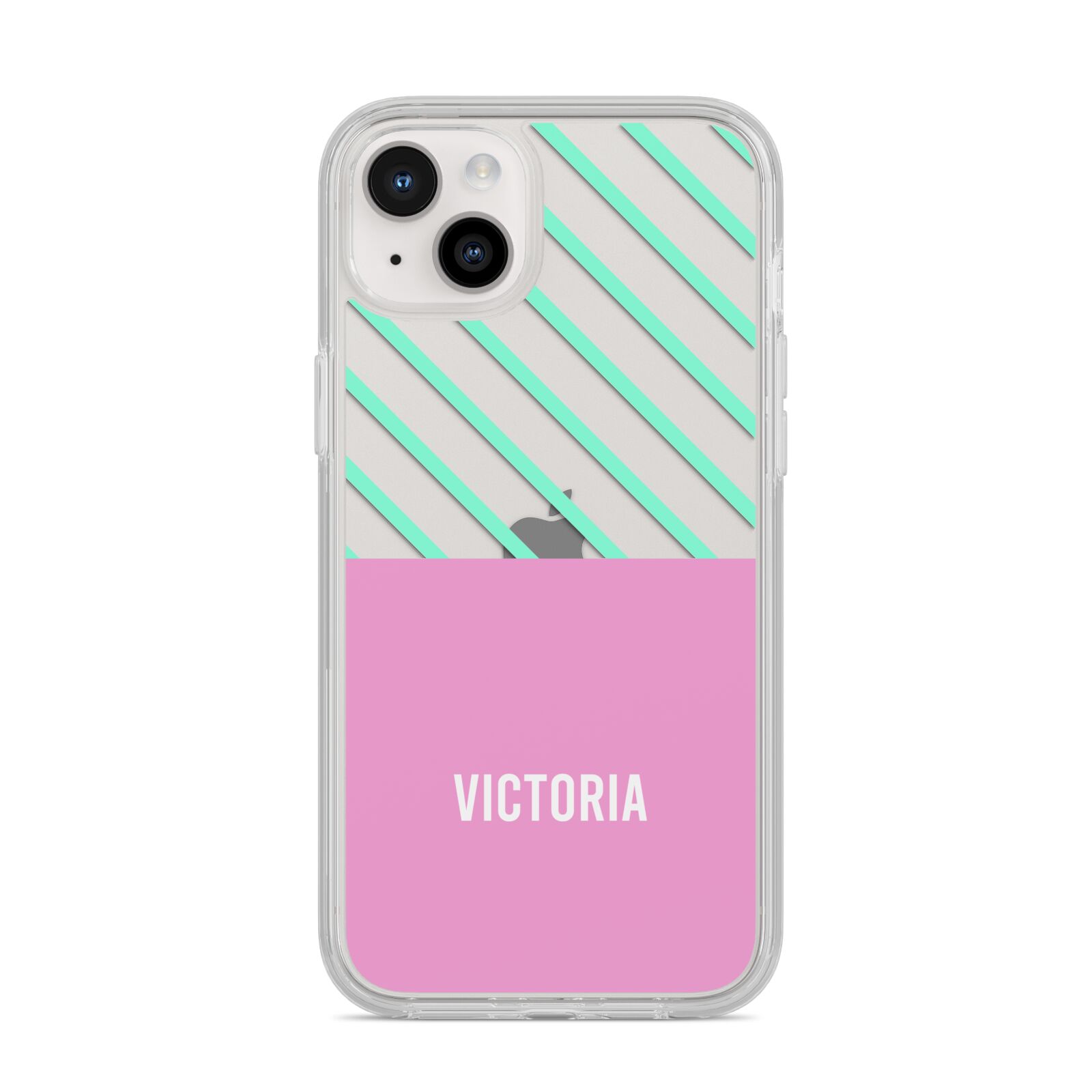 Personalised Pink Aqua Striped iPhone 14 Plus Clear Tough Case Starlight