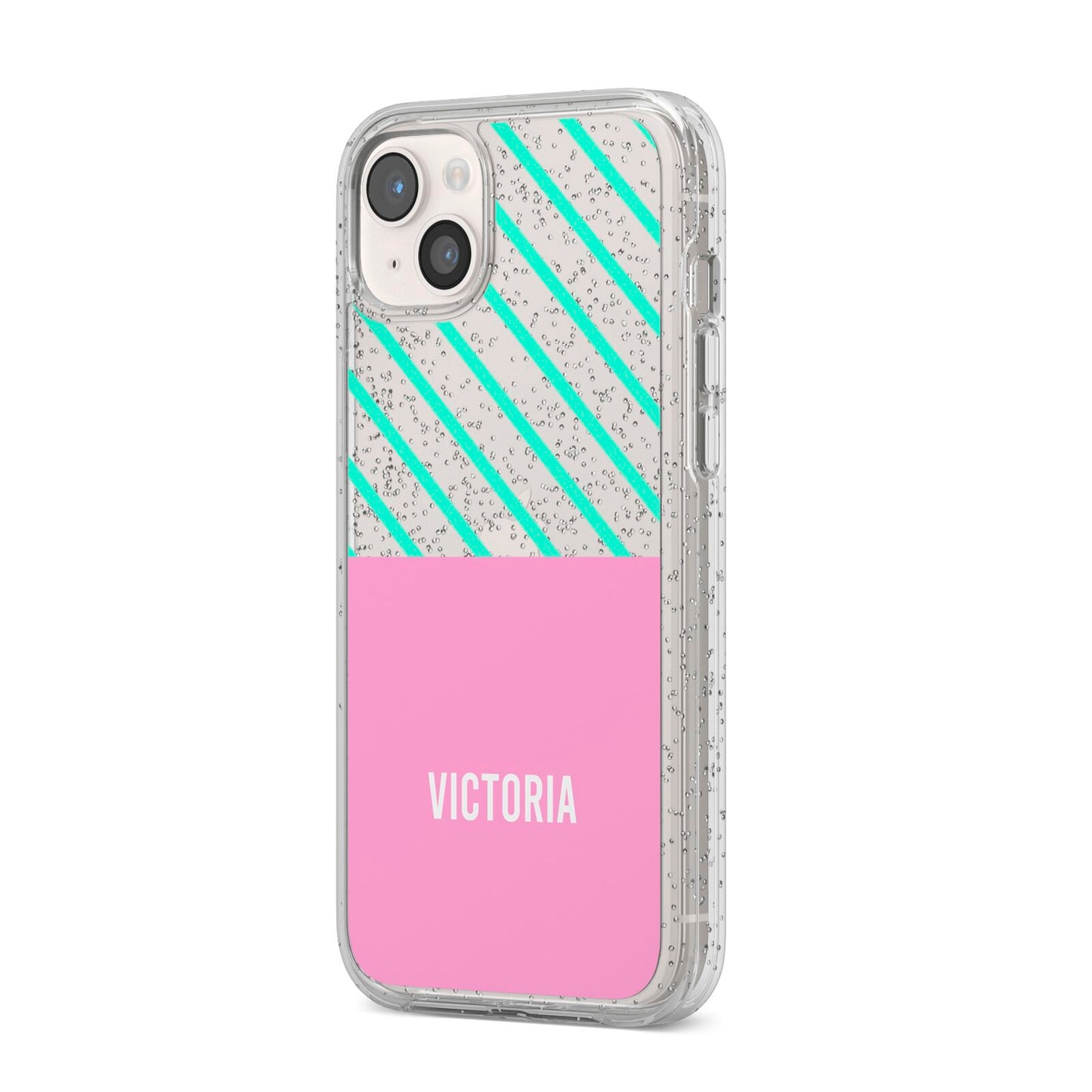 Personalised Pink Aqua Striped iPhone 14 Plus Glitter Tough Case Starlight Angled Image
