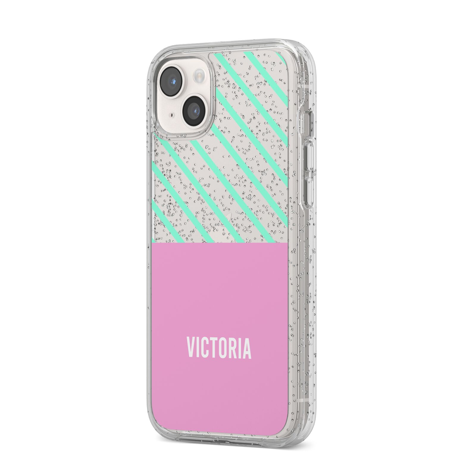 Personalised Pink Aqua Striped iPhone 14 Plus Glitter Tough Case Starlight Angled Image