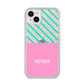 Personalised Pink Aqua Striped iPhone 14 Plus Glitter Tough Case Starlight