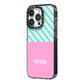 Personalised Pink Aqua Striped iPhone 14 Pro Black Impact Case Side Angle on Silver phone