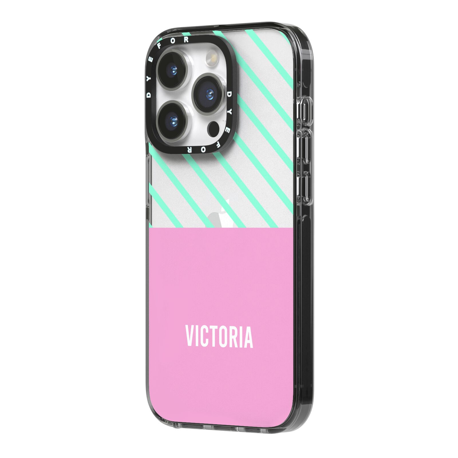Personalised Pink Aqua Striped iPhone 14 Pro Black Impact Case Side Angle on Silver phone
