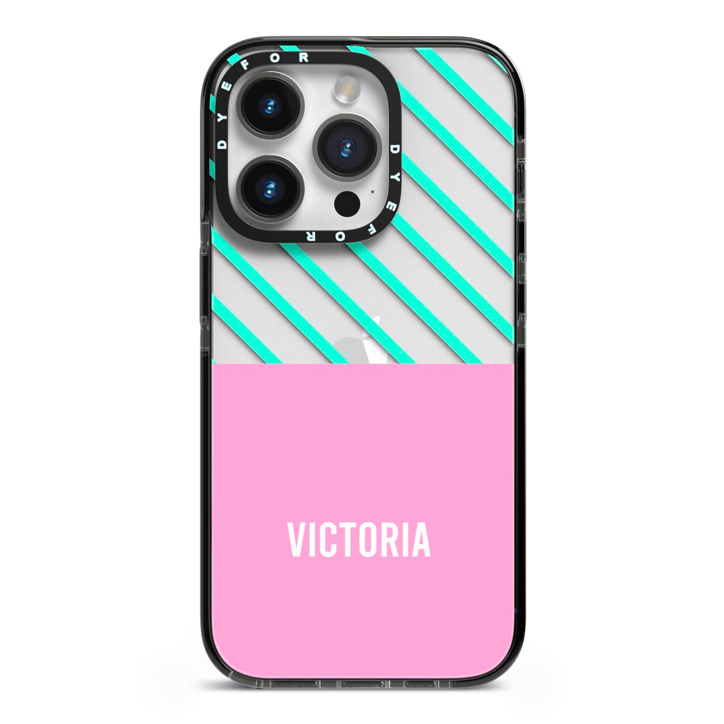 Personalised Pink Aqua Striped iPhone 14 Pro Black Impact Case on Silver phone