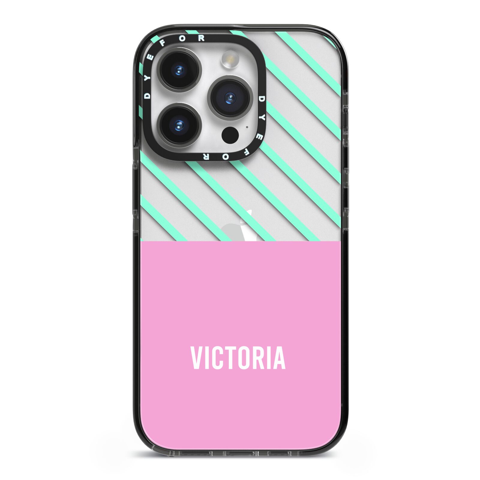 Personalised Pink Aqua Striped iPhone 14 Pro Black Impact Case on Silver phone