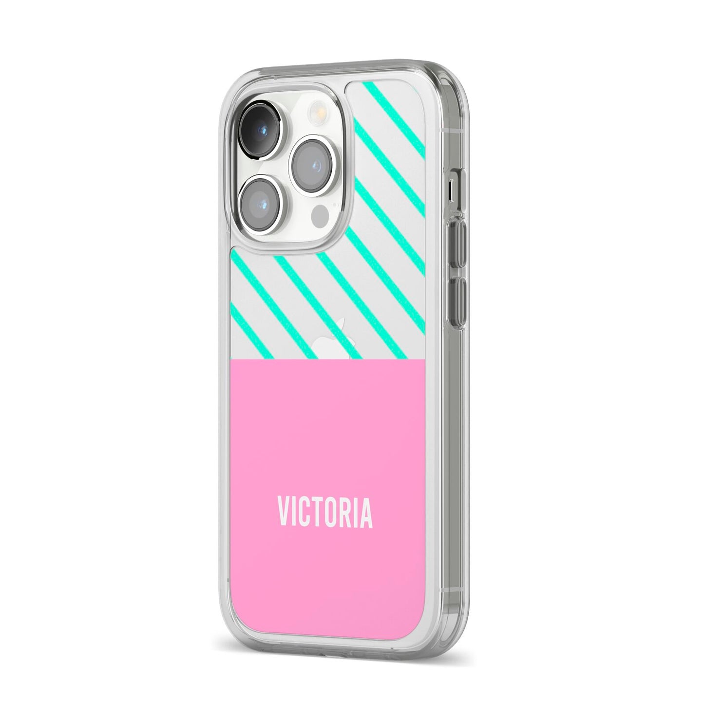 Personalised Pink Aqua Striped iPhone 14 Pro Clear Tough Case Silver Angled Image