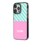 Personalised Pink Aqua Striped iPhone 14 Pro Max Black Impact Case Side Angle on Silver phone
