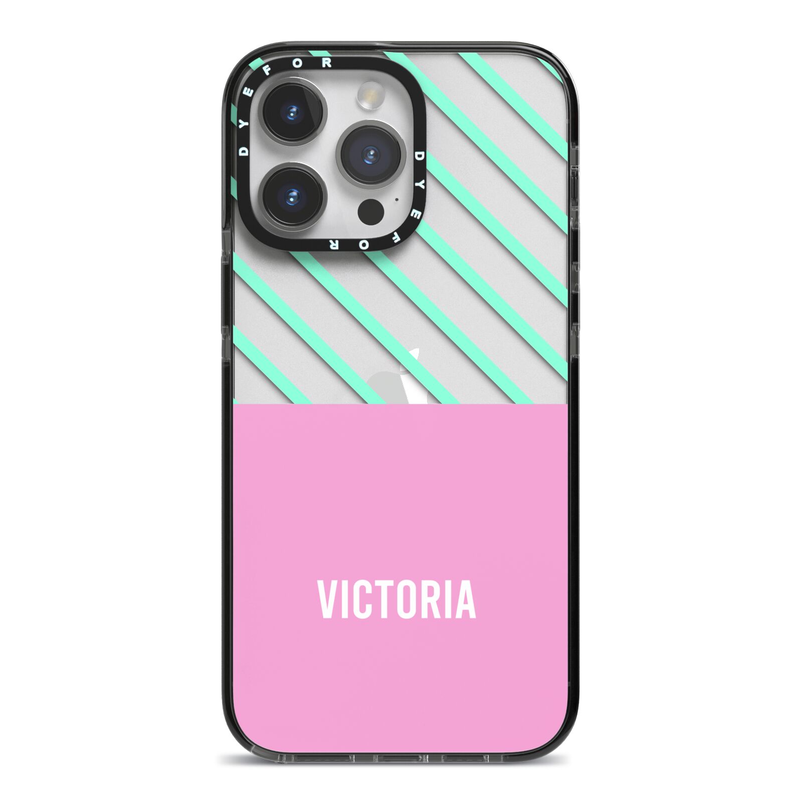 Personalised Pink Aqua Striped iPhone 14 Pro Max Black Impact Case on Silver phone