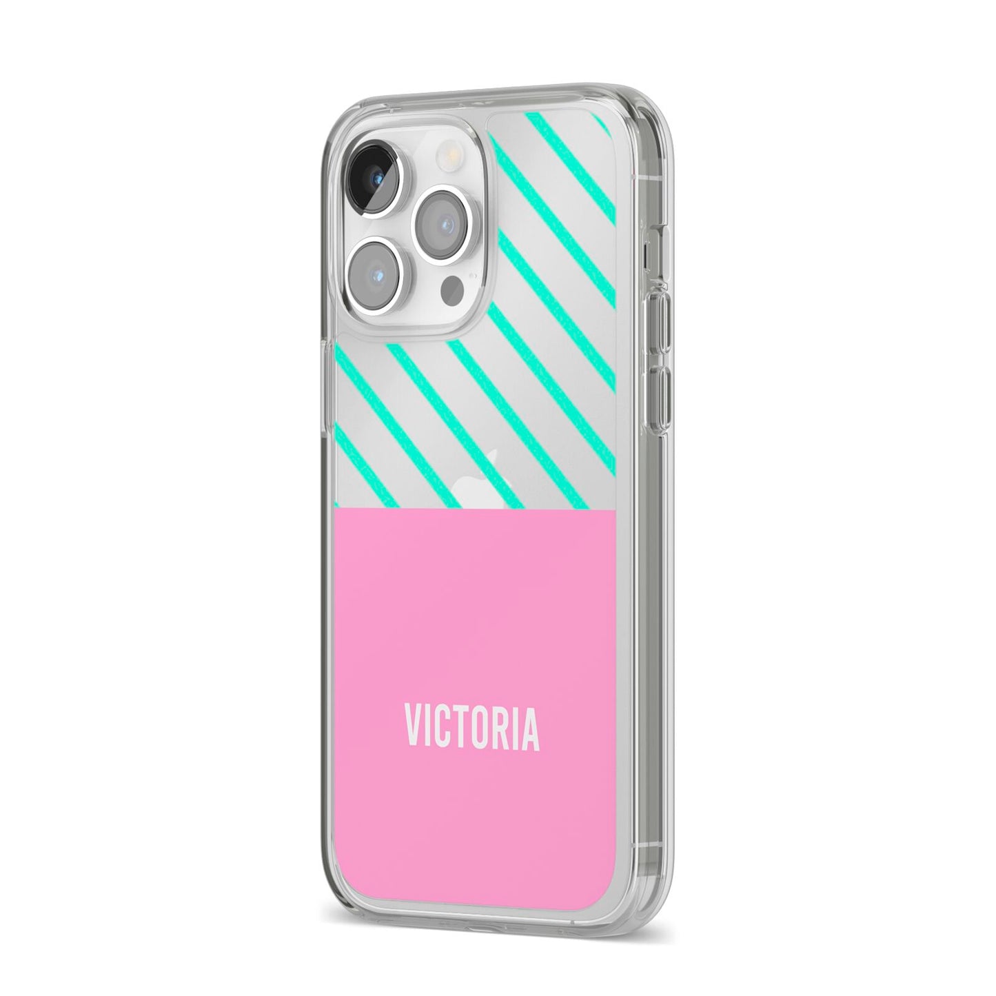 Personalised Pink Aqua Striped iPhone 14 Pro Max Clear Tough Case Silver Angled Image